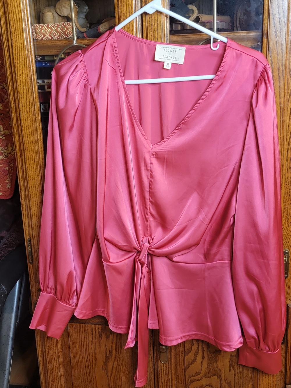 Flower & Feather Rose Pink Satin Tie-Front Blouse Size Medium